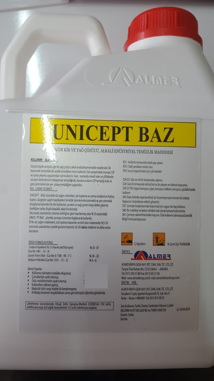 Süt Sağım Makinesi Temizleme Dezenfektanı Unıcept Baz 5 Litre